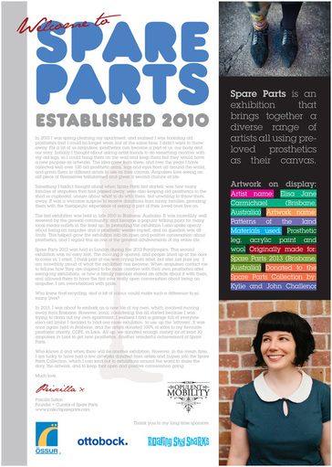 On the left is text about Spare Parts, exhibitions that took old prosthetic limbs and reimagined them as art. On the top right is a brightly colored prosthetic leg next to one in plain black tights, in the center is a note about Spare Parts, and at the bottom right is a smiling white woman with black hair.