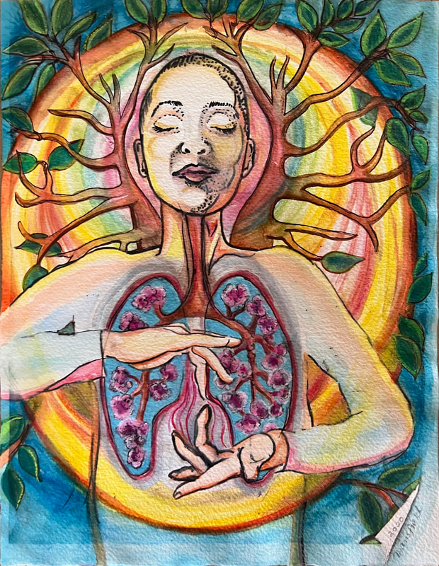 Painting of a pale skinned woman with closed eyes, short hair, and exposed lungs with branches and pink flowers inside. She holds one hand above the other and touches her middle fingers together.