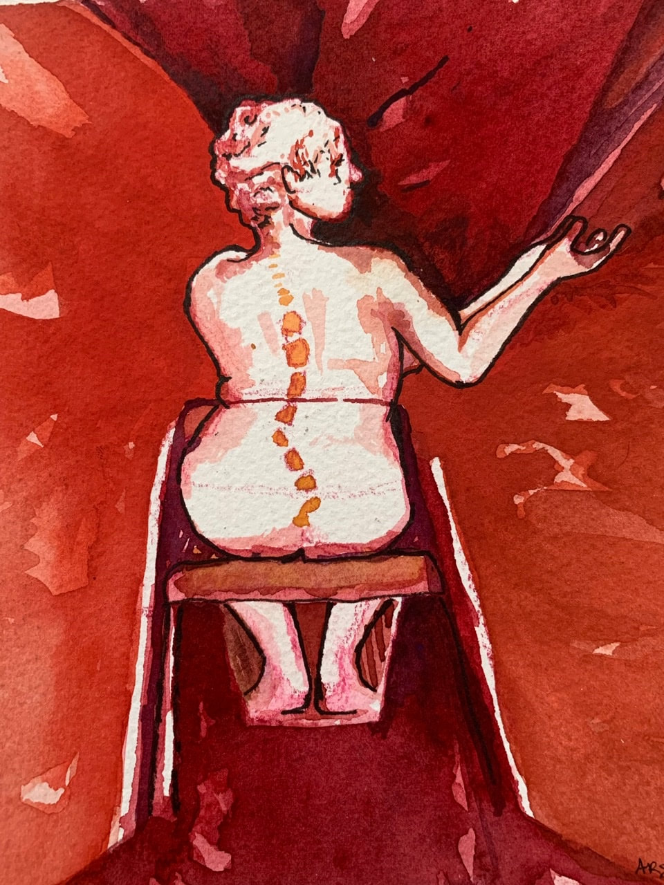 A watercolor image of the back of a woman seated in a wheelchair. She is outlined in a dark brown and surrounded with shades od red.