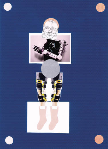 Collage of a figure with a mechanical drawing for a head, a torso with a prosthetic arm, and legs with braces above and below both knees.