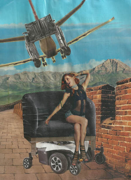 A smiling redheaded woman on a large modern chair with a wheelchair base on a walkway with mountains in the background. A wheelchair airplane flies above. 