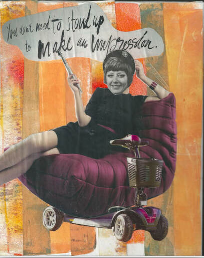 Girl laying on a purple couch/mobility scooter with orange background. The words, 