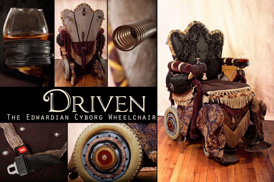 multiple views of Driven, a wheelchair done up as an Edwardian throne