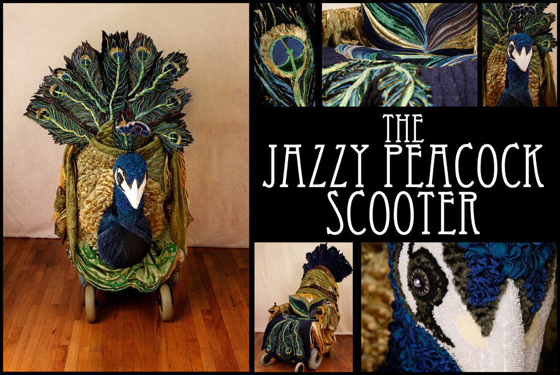 Multiple views of The Jazzy Peacock Scooter, a mobility scooter dressed as an Art Nouveau peacock