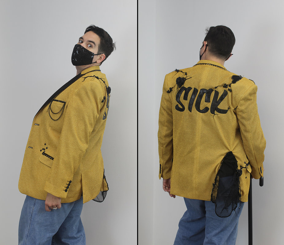 Side and back views of a dark haired person wearing a bright yellow coat wiht black accents. Across the back is the word SICK.