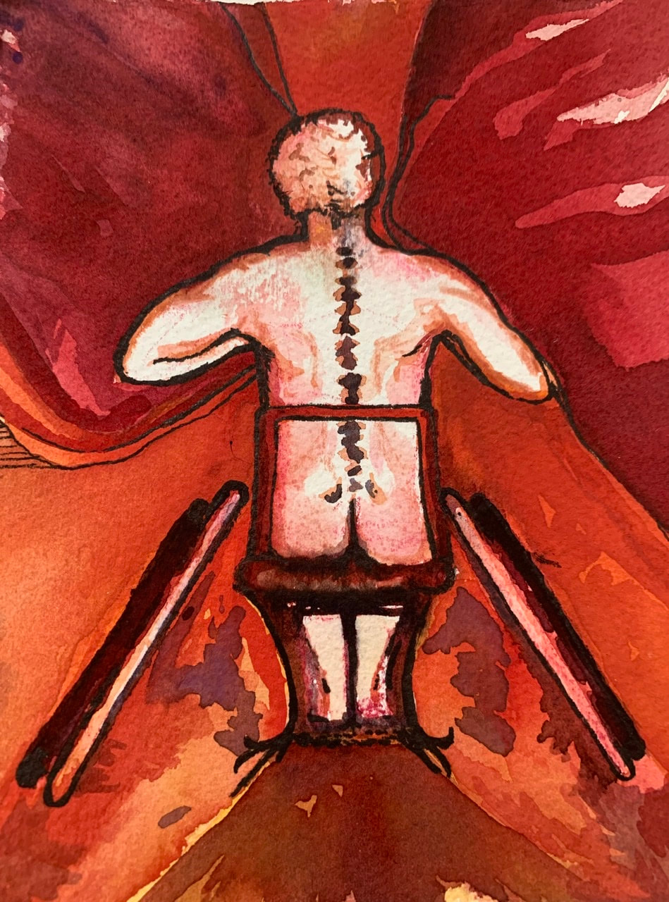 Watercolor image of the back of a woman in a wheelchair. She and the chair are strongly outlined in brown and are surrounded with brushstrokes of red and orange.