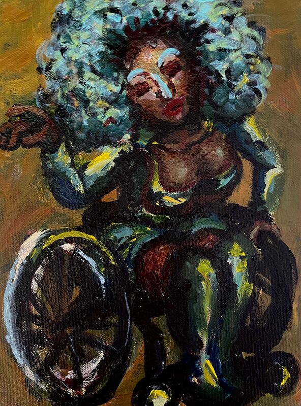 Impressionistic painting of a turquoise haired drag performer in a wheelchair