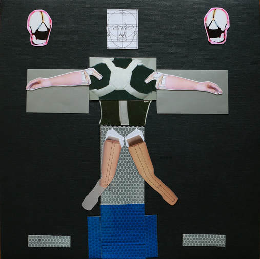 A collage of a disjointed body in a harness with prosthetic limbs and three heads.