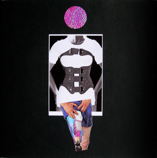 A collage of a figure with a back and bust brace, a colorful prosthetic thigh, and a pink circle for a head.