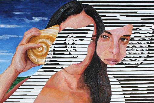 Black and white and color painting of a woman holding a seashell to her ear. An after-image of the ear and shell are off to the right, painted with black and white lines and shapes.