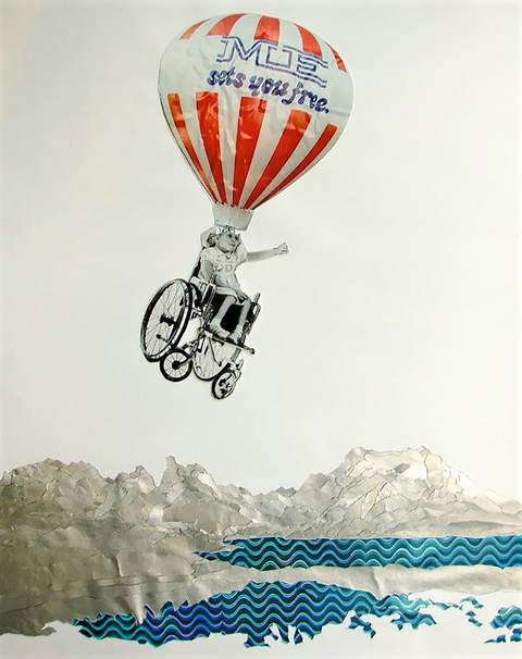 A collage of a girl in a wheelchair held aloft with a red and white ballon, floating over white and grey hills or clouds and blue patterned sky or water.
