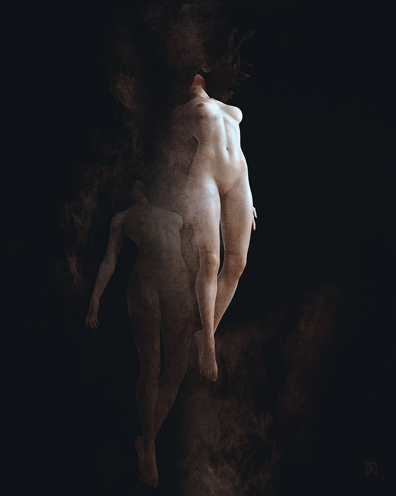 Double image of a headless nude female body floating against a dark background. 