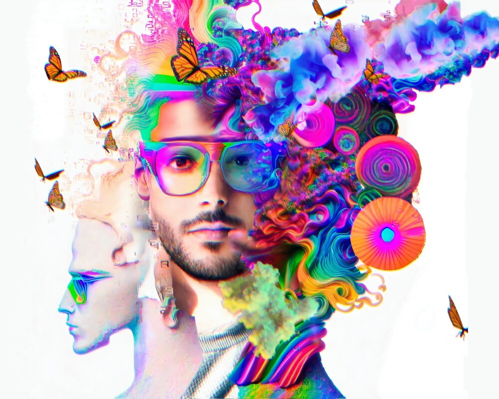 Portrait of a pale skinned man with dark beard, moustache, and glasses surrounded by burst of psychedelic colors, a profile of a man in glasses, and several monarch butterflies.