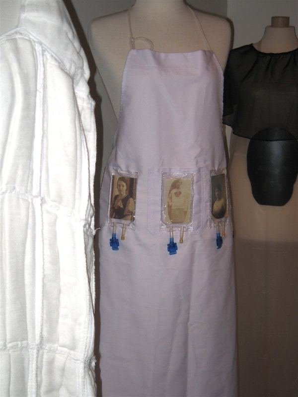 Close up picture of vintage photos of women inside the IV pouches attached to the pink apron.