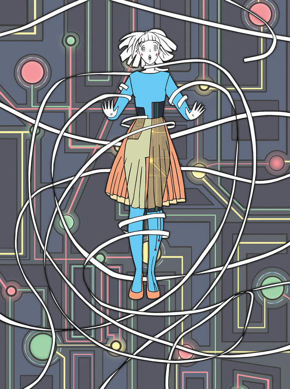 A graphic illustration of a white faced woman in a blue top and orange skirt. White strips swirl around her and wrap around her neck, arms, waist, and legs. The background is grey with pastel colored lines outlining squares, rectangles, and circles.