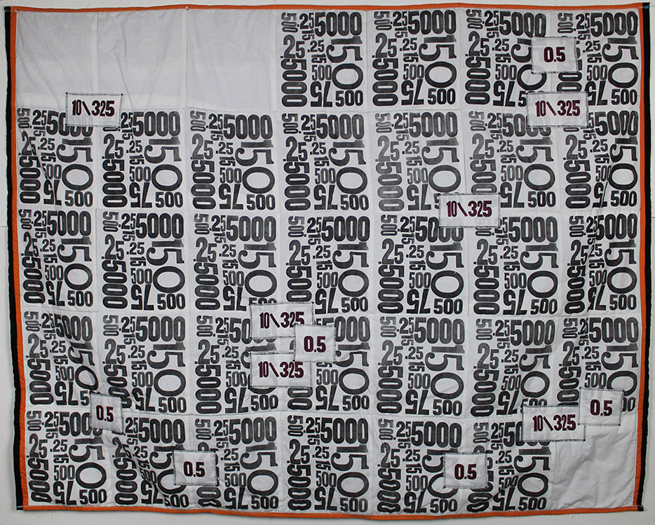 A white quilt block printed with black numbers representing medication doses.