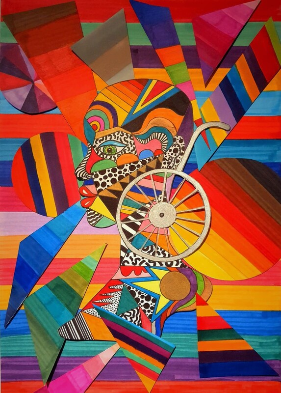Colorful geometic shapes surround a stylized profile of a woman with green eyes, red lips, and a multi-patterned face. The handlebars and large spoked wheel of a wheelchair frames the back of her head.