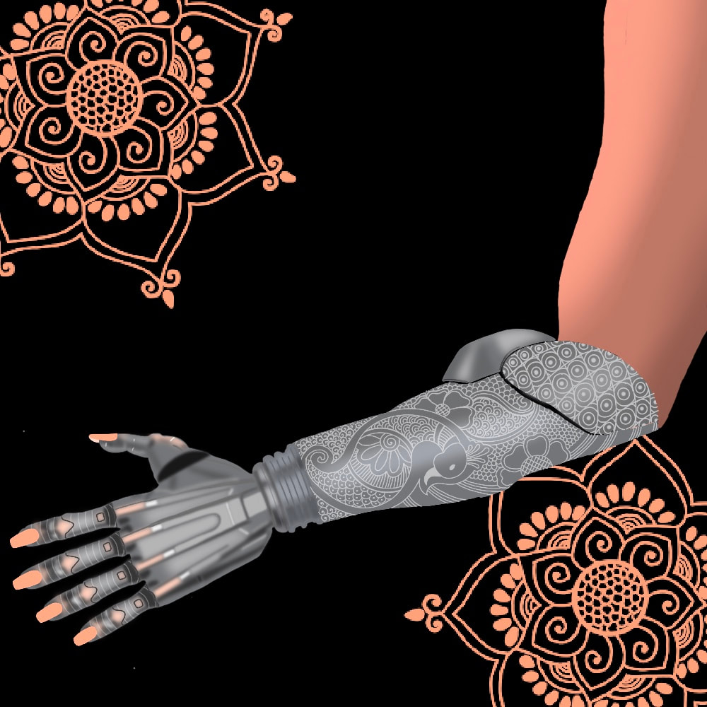 A silver prosthetic forearm and hand with pink fingernails on a black background. In the corners are pink floral henna designs.