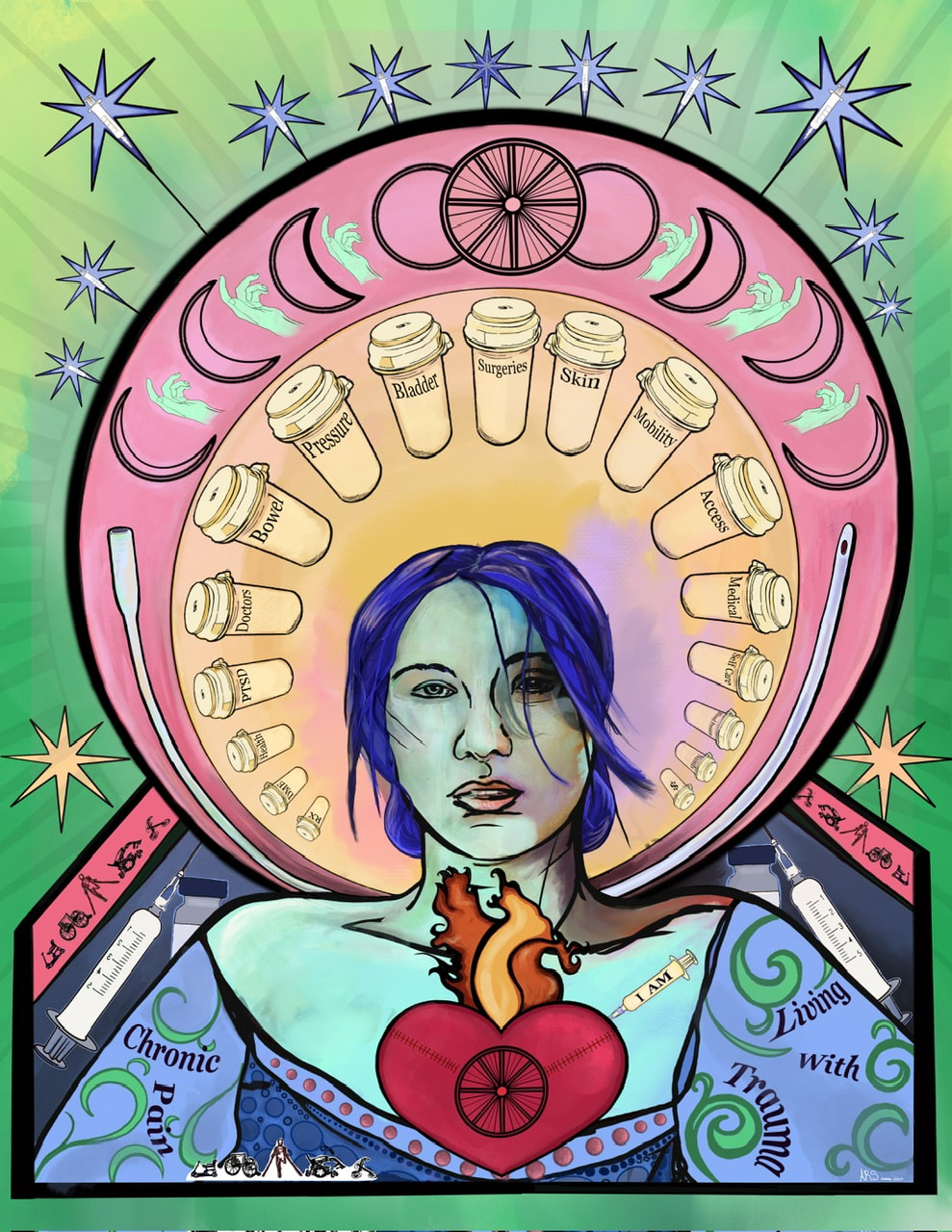 Painting of a seated woman with blue hair and pale green skin with a halo of prescription pill bottles and a red sacred heart on her chest.
