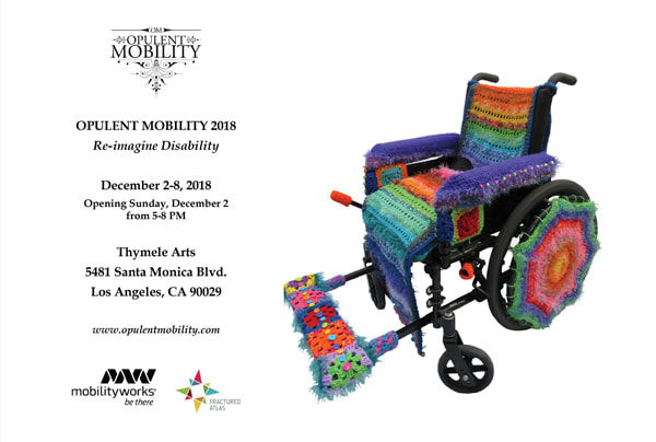 On the left: text about Opulent Mobility 2018. On the right is a colorful yarn-bombed wheelchair.