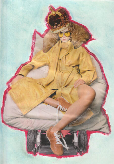 Collage of a beige-skinned woman with frizzy blonde hair and an outsized crown. She wears yellow tinted glasses, a paler yellow coat dress, and caramel shoes with white laces. She sits on a pfolded over pillow seat above a power wheelchair base.