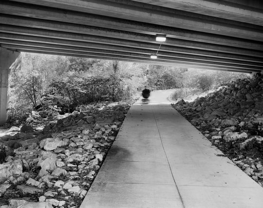 Black and white photo of a concrete walkway under an overpass, lined with rocks and foliage. In the distance, a darkn tornado-like figure wheels down the walkway.