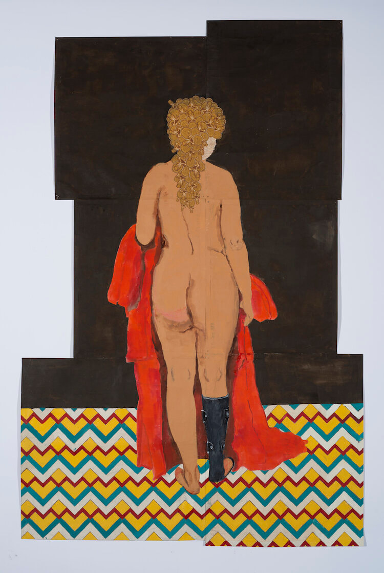 Painting of the back side of a woman with tan skin and golden brain scan imagery for hair. She carries a red robe in her left hand and wears a black prosthetic limb on her lower right leg. The floor is tiled in bright zig-zags of yellow, red, turquoise, and white, and the background is black.