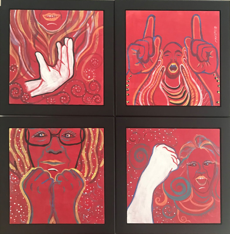 4 painted tiles in frames forming a square. The tiles are red and each one is painted with the image of a person making American Sign Language words with their hands.