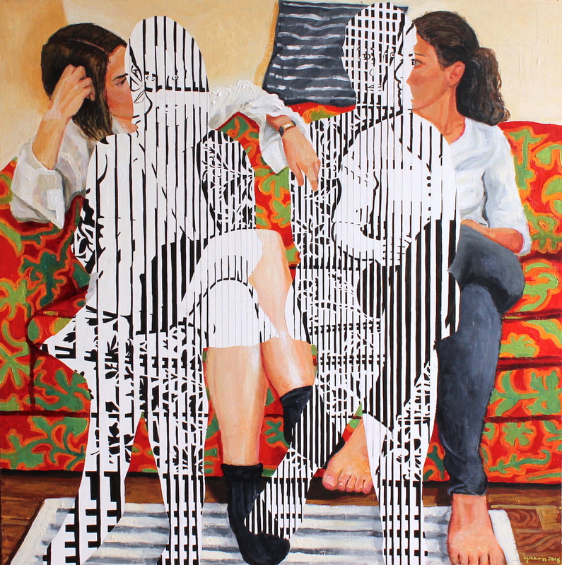 A painting of white women with dark hair on a sofa. On the sides they are in color and look at each other, and in the center they are made up of black and white lines and shapes and look straight ahead.