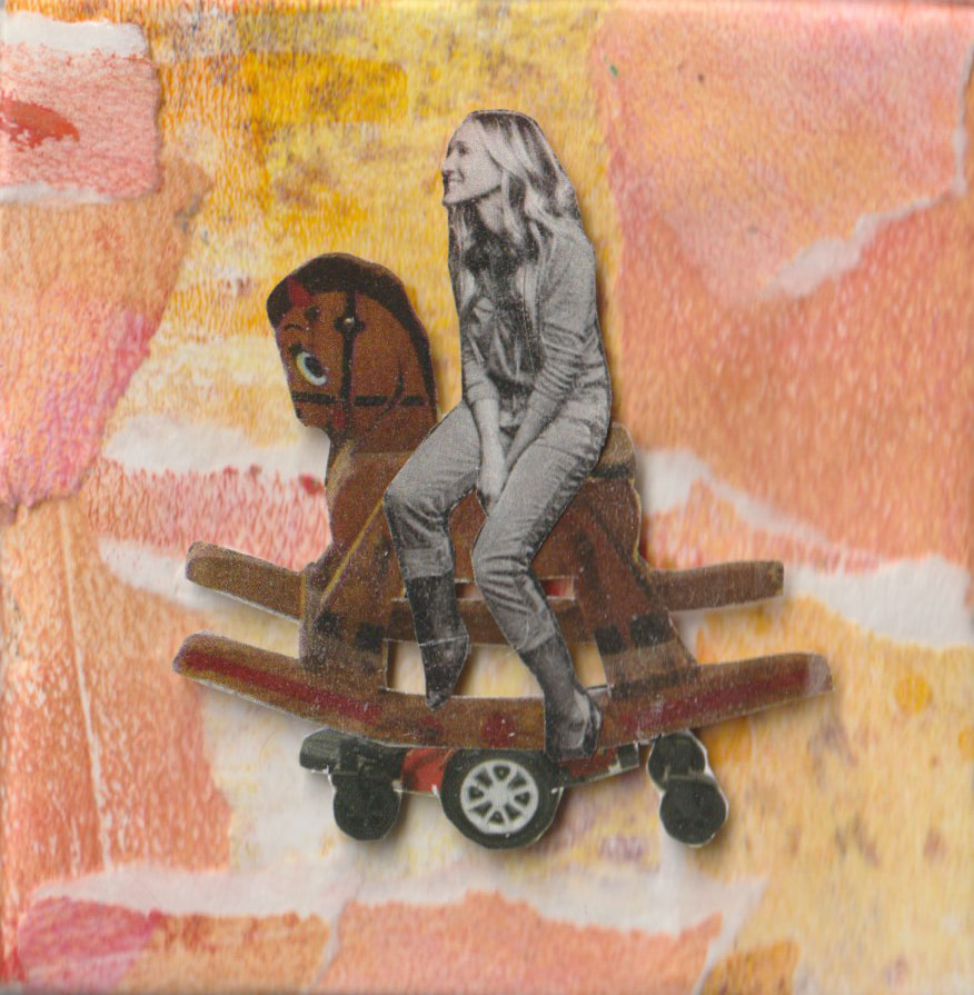 A collage of a woman perched on a rocking horse on top of a power wheelchair base. The woman is in black and white, the rocking horse is brown and black, and the background is peach and yellow.