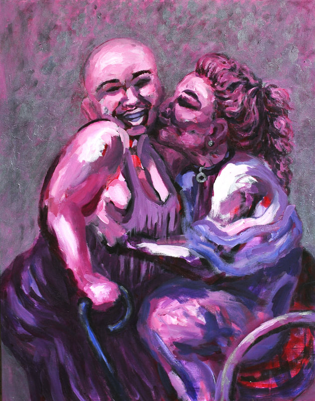 Two figures painted in shades of purple. A standing bald femme with a cane and a seated femme in a wheelchair embrace.