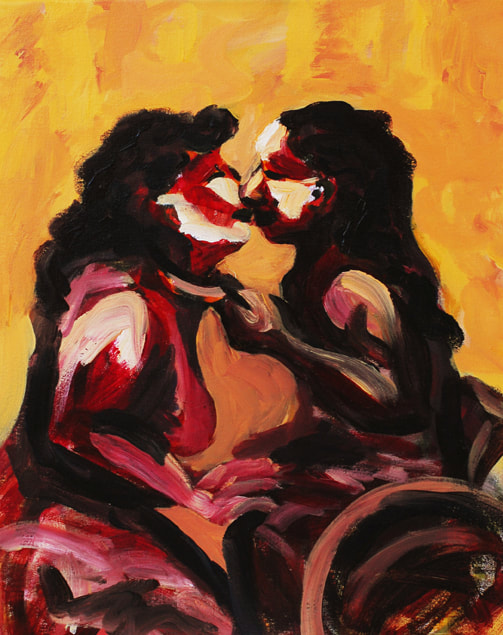 Two figures in red kiss against an orange background. The femme on the left kneels, the figure on the right is in a wheelchair and holds the other by a collar.