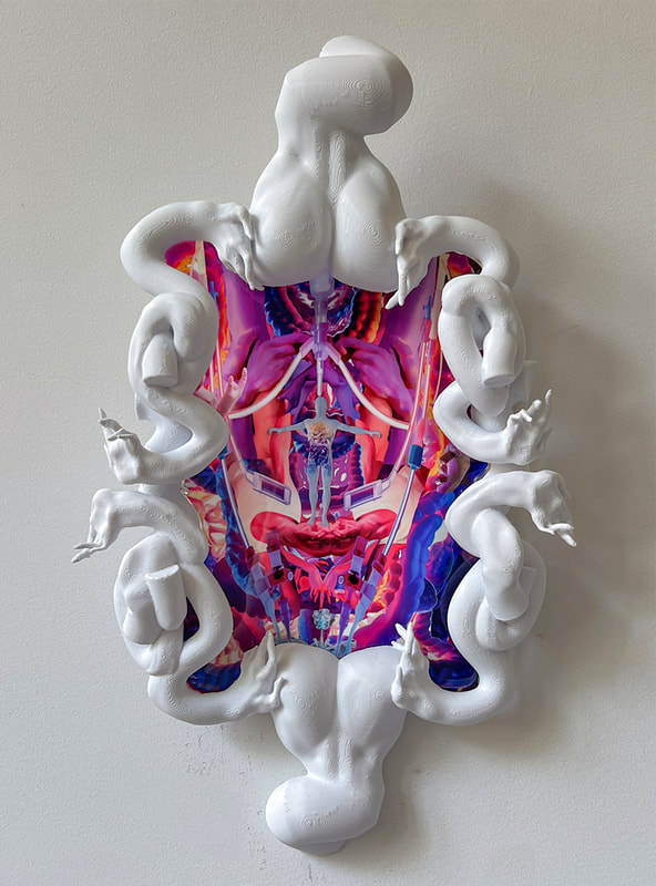 White torsos, hands, and intestinal tracts frame a vibrant pink and purple image of an intestinal tract with floating hands and a tiny figure with outstretched arms..