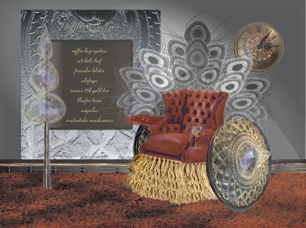 On the right, a fancy wheelchair with a fringed skirt, burgundy upholstered seat, and peacock fan in back. On the left is a fancy restaurant menu in gold cursive lettering with a silver frame.